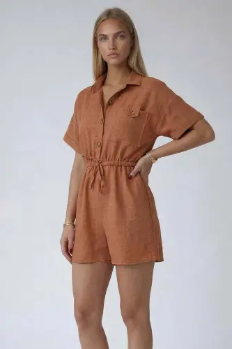 Tarçın Gömlek Yaka Çift Cepli Keten Şort Tulum-TARÇIN - TREND ALAÇATI STILI (1)