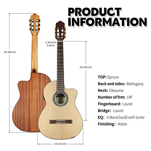 TARIO 39 İnç Elektrikli Açık Kutu Klasik Gitar Tam Boy Akustik Gitar İnce Kasa Ladin Üst Mahogani Arka ve Yanlar Okoume Sap Defne Perde Tahtası - 3