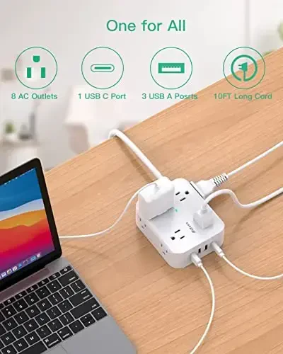 Tarmoq filtrli uzaytirgich 10ft kabel - Yassi vilka, devorga o'rnatish, 8 keng rozetka, 4 USB port (1 USB C), og'ir yuk uzaytirgich, uy, ofis va yotoqxona uchun haddan tashqari yuklanishdan himoya qiluvchi zaryadlash stantsiyasi - 2