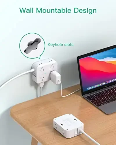 Tarmoq filtrli uzaytirgich 10ft kabel - Yassi vilka, devorga o'rnatish, 8 keng rozetka, 4 USB port (1 USB C), og'ir yuk uzaytirgich, uy, ofis va yotoqxona uchun haddan tashqari yuklanishdan himoya qiluvchi zaryadlash stantsiyasi - 5