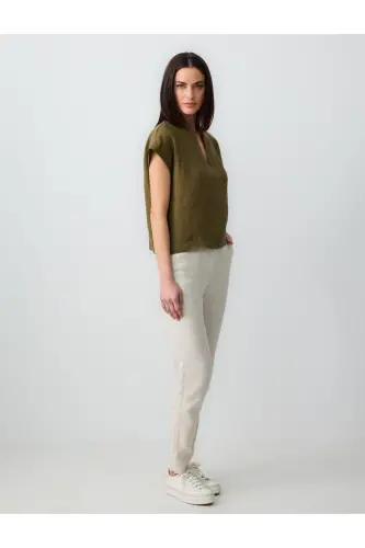Taş %100 Keten Yüksek Bel Normal Paça Pantolon - Taş - 3