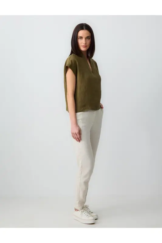 Taş %100 Keten Yüksek Bel Normal Paça Pantolon - Taş - 3