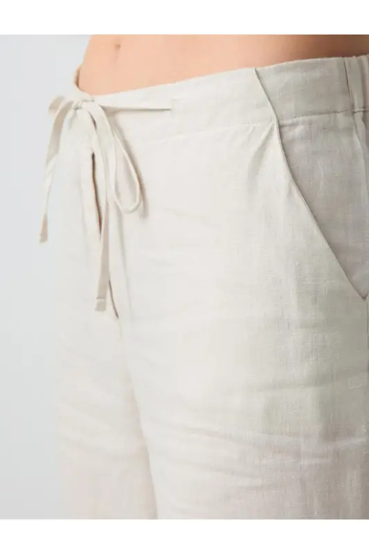 Taş %100 Keten Yüksek Bel Normal Paça Pantolon - Taş - 5