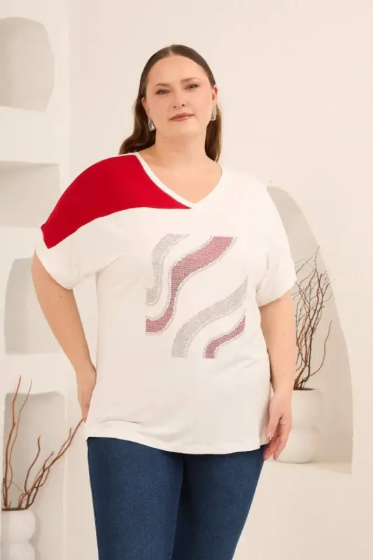 Taş Baskılı Büyük Beden Garnili Tişört Ekrukırmızı - BÜYÜKBEDENIZ