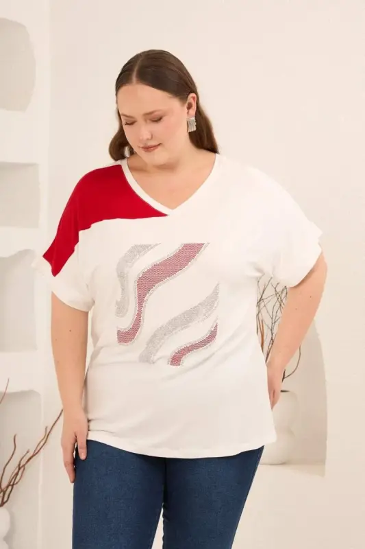 Taş Baskılı Büyük Beden Garnili Tişört Ekrukırmızı - 4