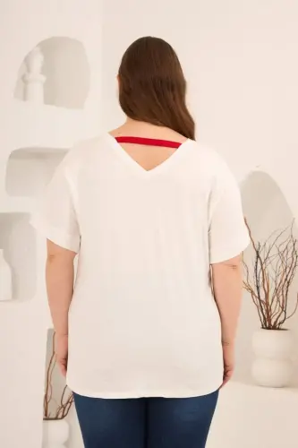 Taş Baskılı Büyük Beden Garnili Tişört Ekrukırmızı - 5