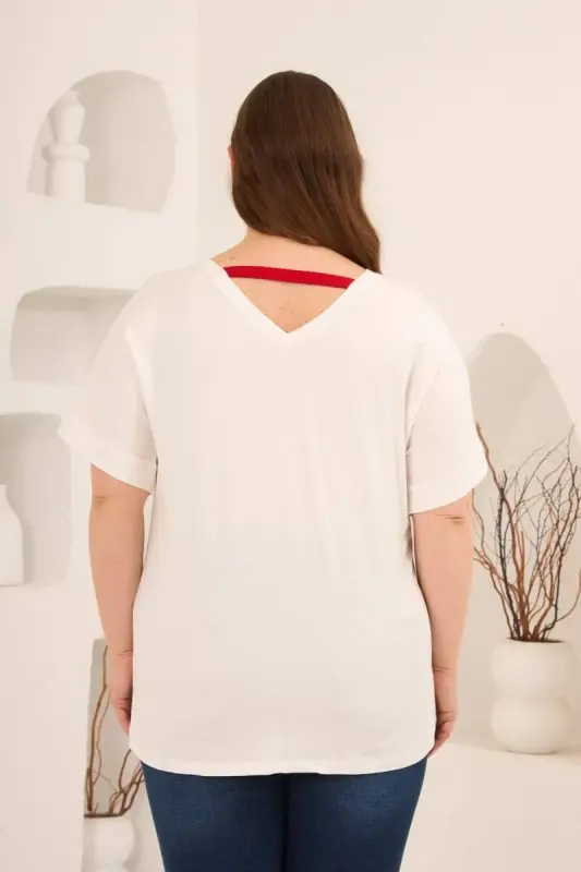 Taş Baskılı Büyük Beden Garnili Tişört Ekrukırmızı - 5