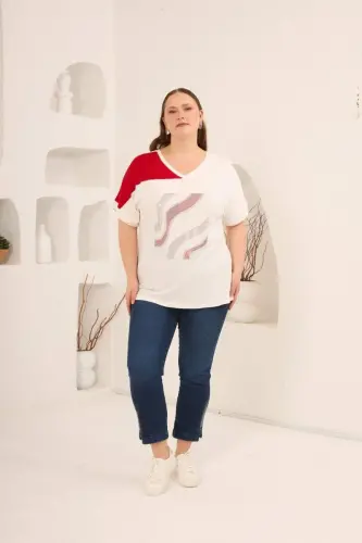 Taş Baskılı Büyük Beden Garnili Tişört Ekrukırmızı - 6