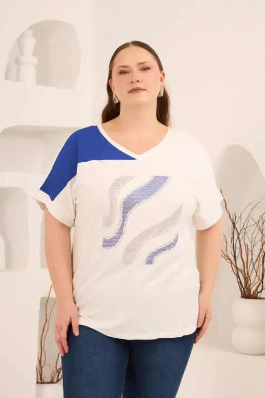 Taş Baskılı Büyük Beden Garnili Tişört Ekrusaks - 1