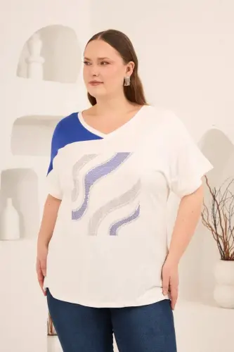 Taş Baskılı Büyük Beden Garnili Tişört Ekrusaks - 3