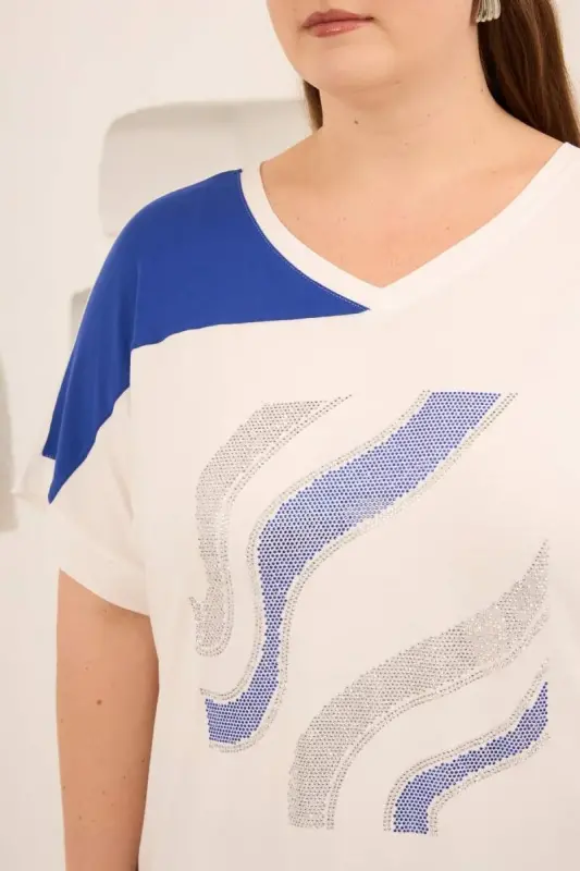 Taş Baskılı Büyük Beden Garnili Tişört Ekrusaks - 4