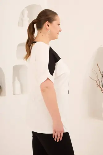 Taş Baskılı Büyük Beden Garnili Tişört Ekrusiyah - 2