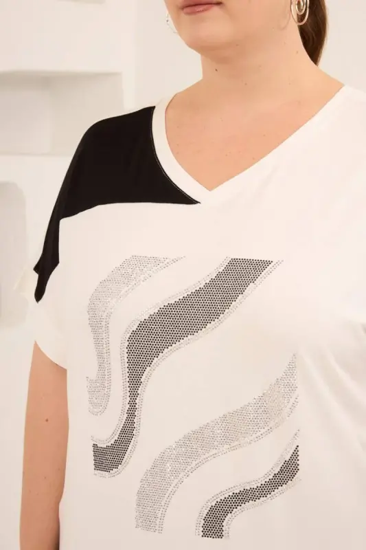 Taş Baskılı Büyük Beden Garnili Tişört Ekrusiyah - 3