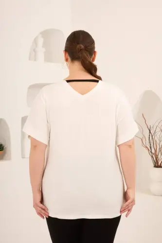 Taş Baskılı Büyük Beden Garnili Tişört Ekrusiyah - 4