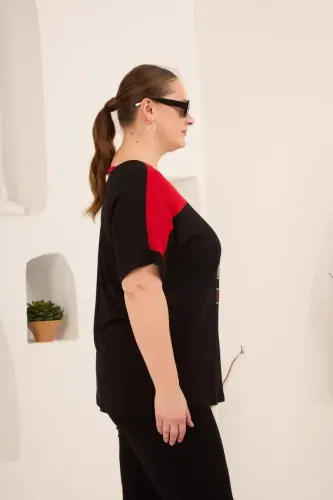 Taş Baskılı Büyük Beden Garnili Tişört Siyahkırmızı - BÜYÜKBEDENIZ (1)