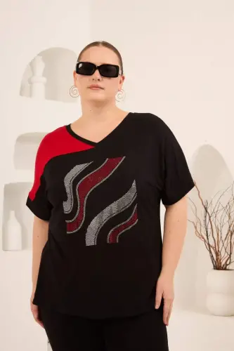 Taş Baskılı Büyük Beden Garnili Tişört Siyahkırmızı - 1