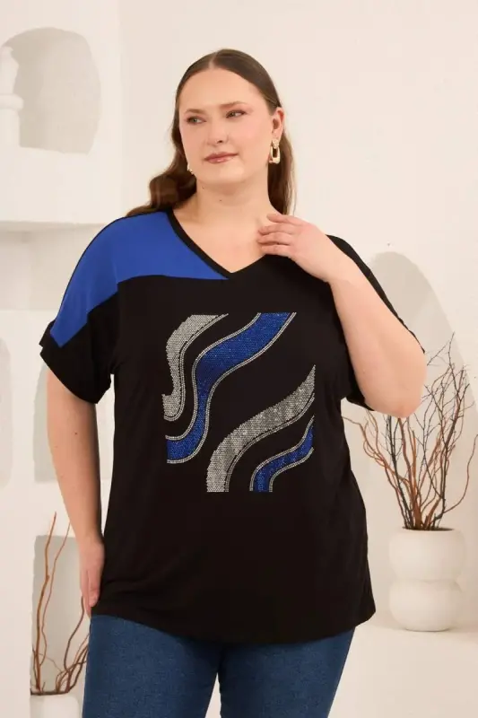 Taş Baskılı Büyük Beden Garnili Tişört Siyahsaks - BÜYÜKBEDENIZ