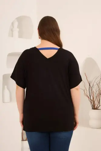 Taş Baskılı Büyük Beden Garnili Tişört Siyahsaks - 4