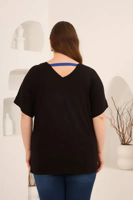 Taş Baskılı Büyük Beden Garnili Tişört Siyahsaks - 4