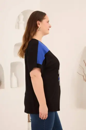 Taş Baskılı Büyük Beden Garnili Tişört Siyahsaks - BÜYÜKBEDENIZ (1)