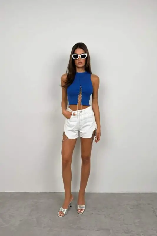 Taş Detay Dekolteli Crop Bluz - BÜYÜKBEDENIZ