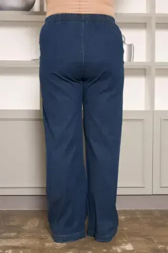 Taş Detaylı Büyük Beden Geniş Paça Pantolon Lacivert - 5