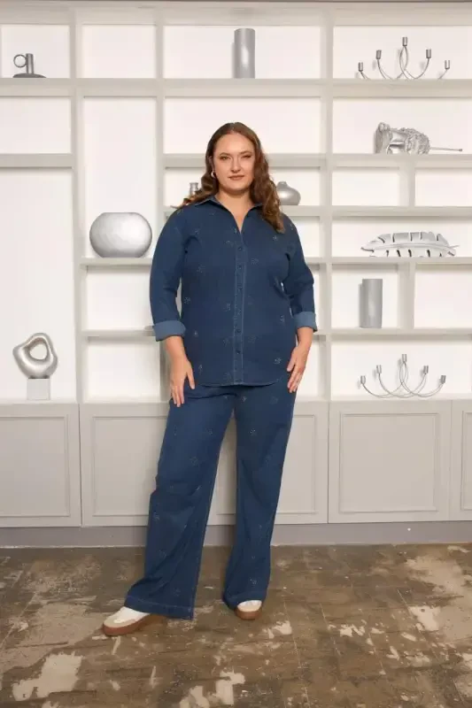 Taş Detaylı Büyük Beden Geniş Paça Pantolon Lacivert - 6