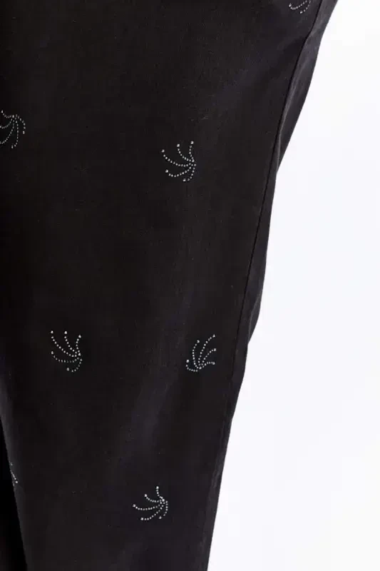 Taş Detaylı Büyük Beden Geniş Paça Pantolon Siyah - 4