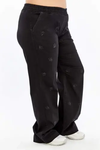 Taş Detaylı Büyük Beden Geniş Paça Pantolon Siyah - 3
