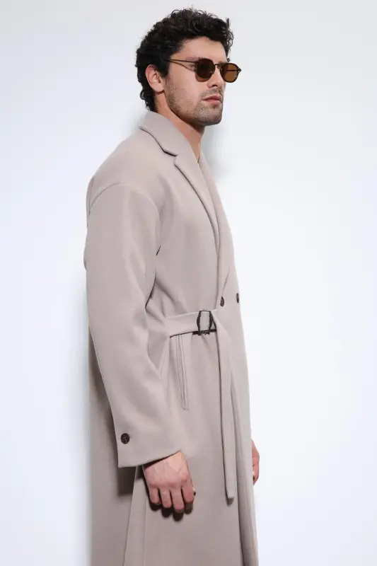 Taş Kuşaklı Oversize Erkek Kaban-Taş - 4