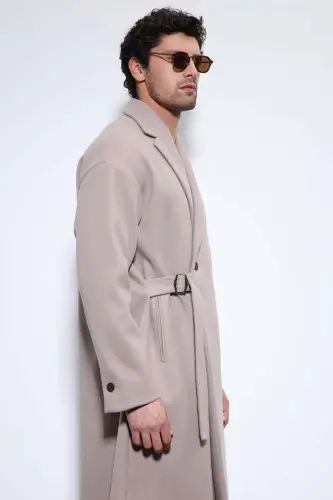 Taş Kuşaklı Oversize Erkek Kaban - Taş - 5