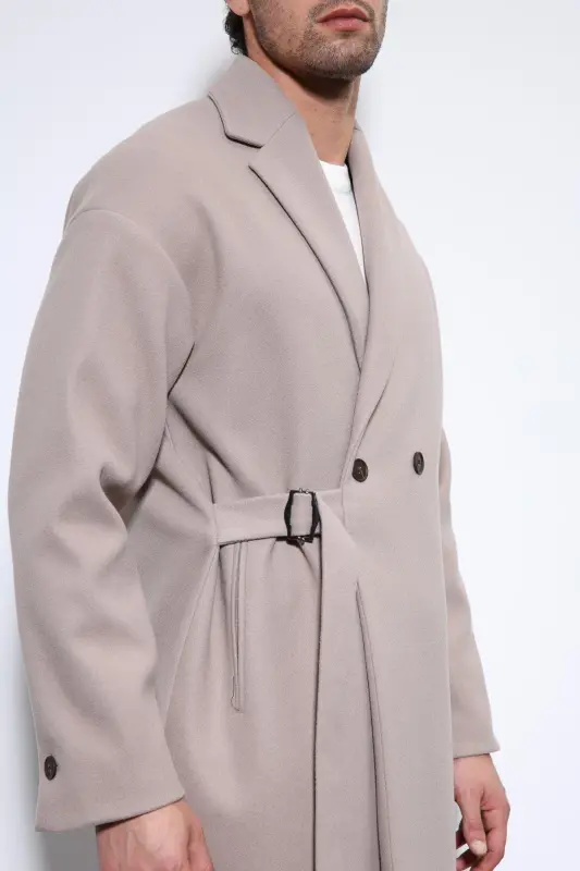 Taş Kuşaklı Oversize Erkek Kaban-Taş - 5