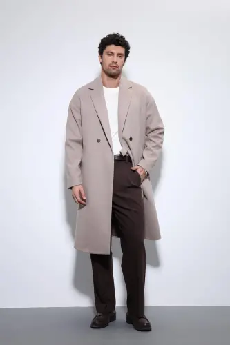 Taş Kuşaklı Oversize Erkek Kaban-Taş - 3