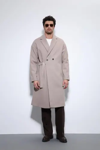 Taş Kuşaklı Oversize Erkek Kaban-Taş 