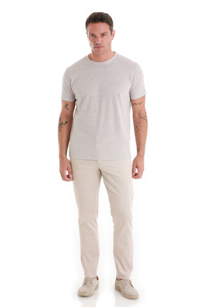 Taş Regular Fit Jakarlı Bisiklet Yaka Keten Tişört - Taş - 2