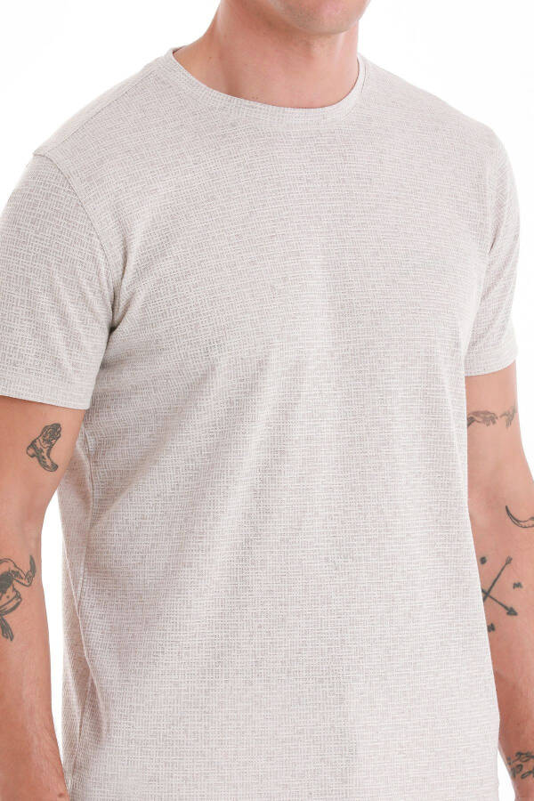 Taş Regular Fit Jakarlı Bisiklet Yaka Keten Tişört - Taş - 5