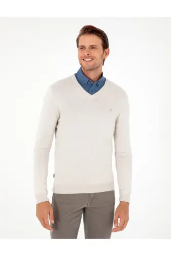 Taş Slim Fit V Yaka Basic Triko Kazak 50296622-VR049 - Taş - 3
