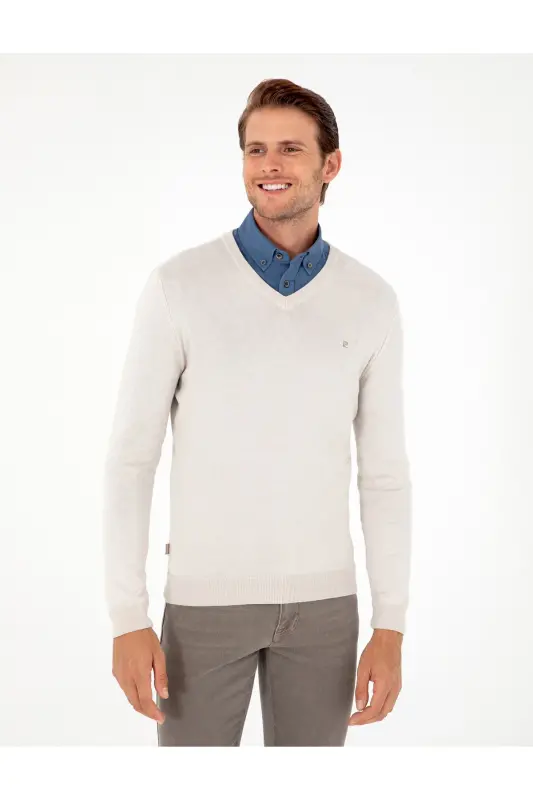 Taş Slim Fit V Yaka Basic Triko Kazak 50296622-VR049 - Taş - 3