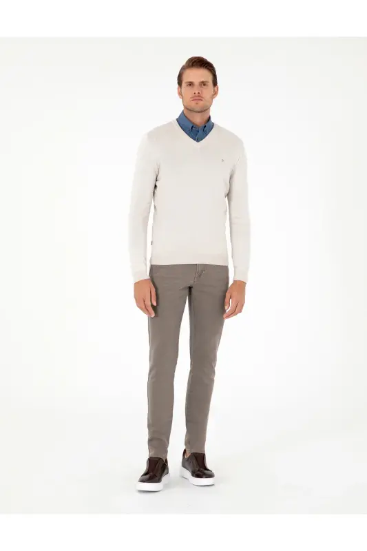 Taş Slim Fit V Yaka Basic Triko Kazak 50296622-VR049 - Taş - 4