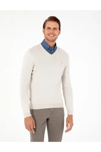 Taş Slim Fit V Yaka Basic Triko Kazak 50296622-VR049-Taş - 1