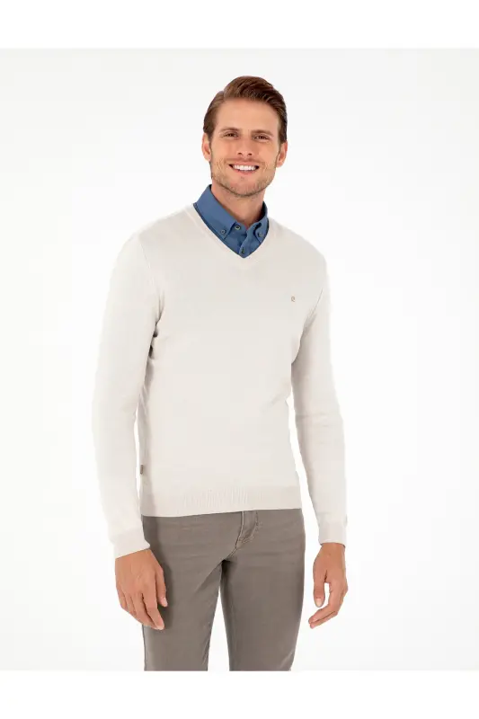 Taş Slim Fit V Yaka Basic Triko Kazak 50296622-VR049-Taş - PIERRE CARDIN