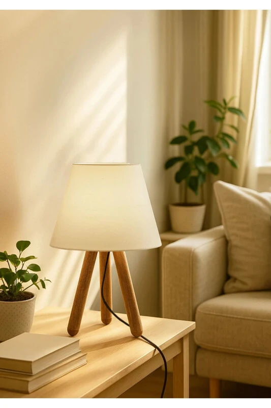 Tasarım Ahşap Krem Kumaş Başlıklı Abajur Ayd-3170-Krem kumaş - HOMİNG