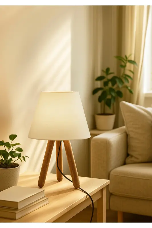 Tasarım Ahşap Krem Kumaş Başlıklı Abajur Ayd-3170-Krem kumaş - HOMİNG