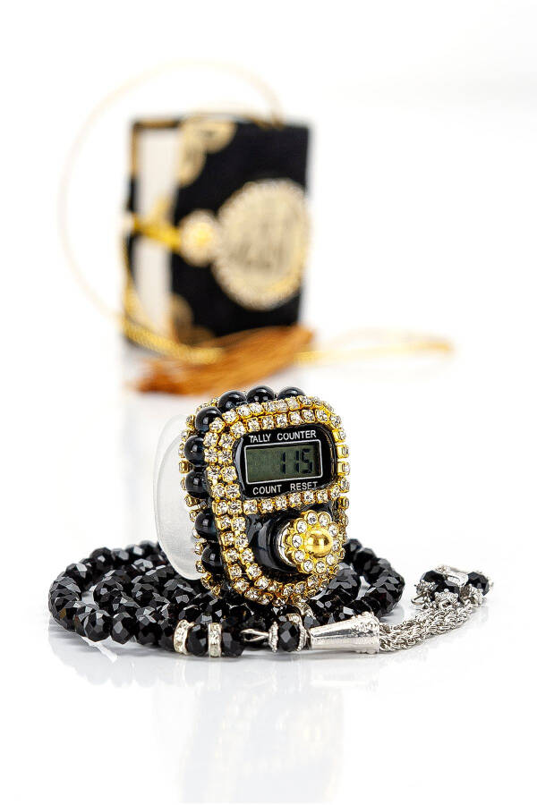 Tasbeeh with Stones - Mini Quran - Gift Set with Crystal Tasbeeh - Black - 3