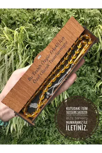 Tasbeh, sevgiliga sovg'a Tasbeh, jo'jacha sariq rangli yog'och qutidagi chang kehribar tasbeh - jo'jacha sariq 1 - 1