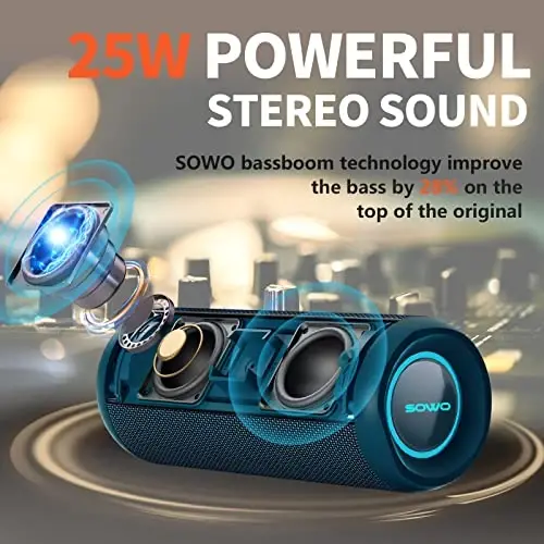 SOWO Portable Bluetooth Speaker, IPX7 Waterproof Wireless Bluetooth Speaker | Bassboom Technology, 25W Loud Stereo Sound, LED Light with TWS Pairing, 16H Playtime for Home and Outdoor -Blue - SOWO (1)