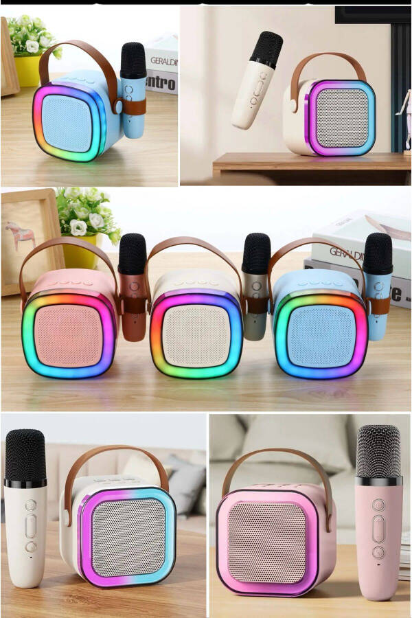 Taşınabilir Bluetooth Hoparlör Kablosuz Karaoke Yılbaşı Müzik Eğlence Bluetooth Hoparlör Mikrafonlu-Pembe - 1