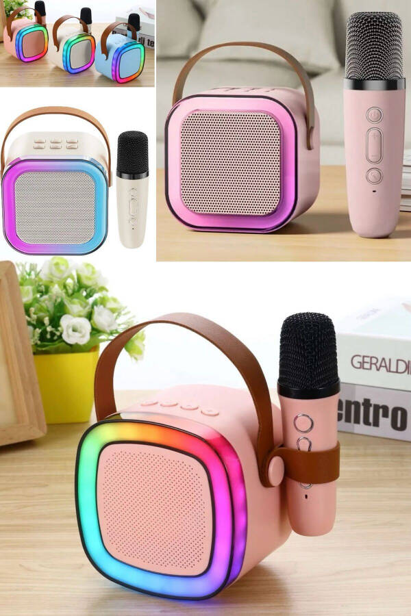 Taşınabilir Bluetooth Hoparlör Kablosuz Karaoke Yılbaşı Müzik Eğlence Bluetooth Hoparlör Mikrafonlu-Pembe - 2