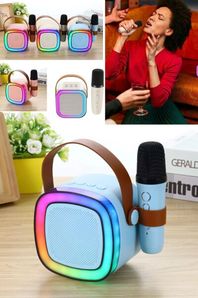 Taşınabilir Bluetooth Hoparlör Kablosuz Karaoke Yılbaşı Müzik Eğlence Bluetooth Hoparlör Mikrafonlu-Pembe - 5