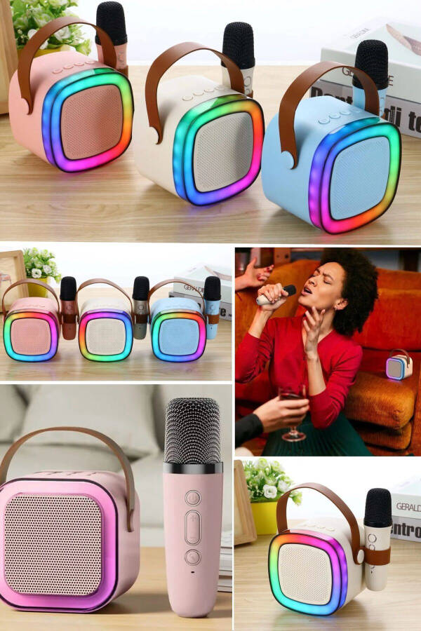 Taşınabilir Bluetooth Hoparlör Kablosuz Karaoke Yılbaşı Müzik Eğlence Bluetooth Hoparlör Mikrafonlu - Pembe - 4